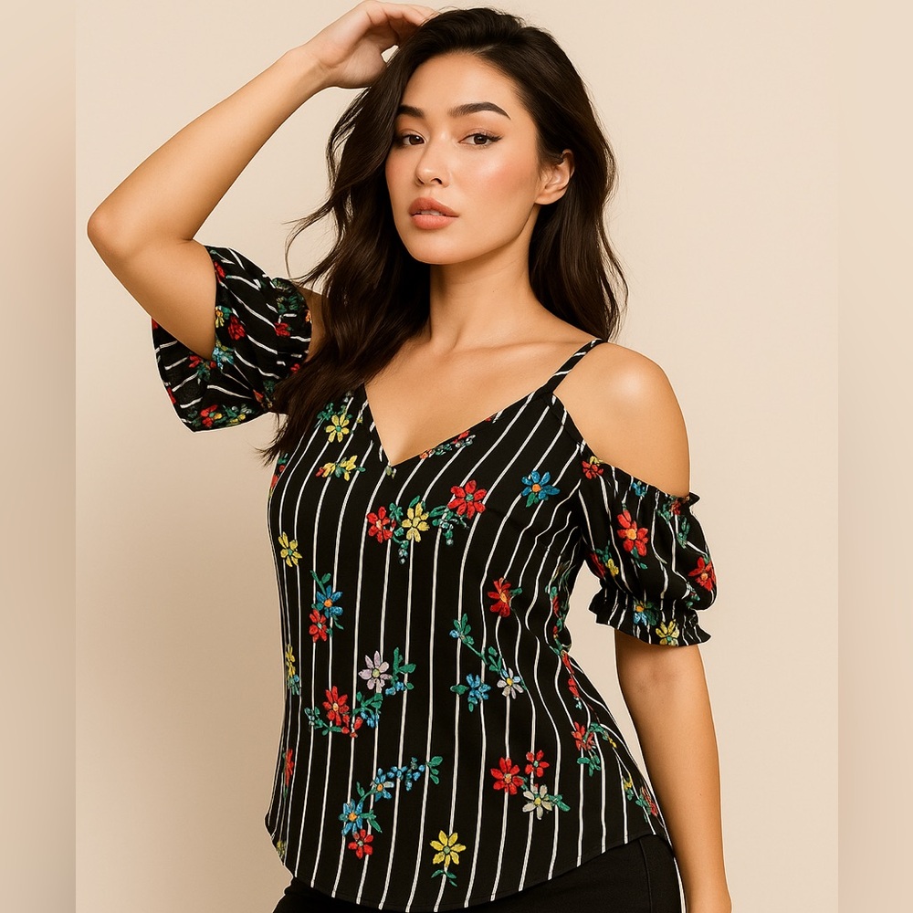 Sienna Sky Black and White Graphic Blouse with Cut Out Details
